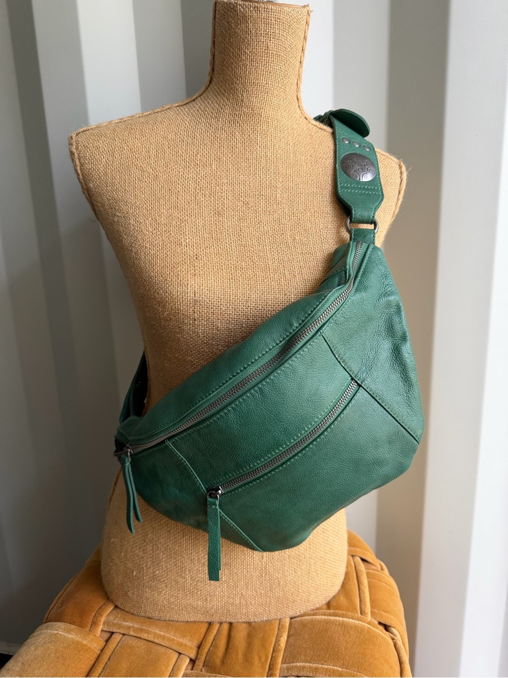Free People Green Leather Belt Bag Concho Studded Crossbody Fanny Pack